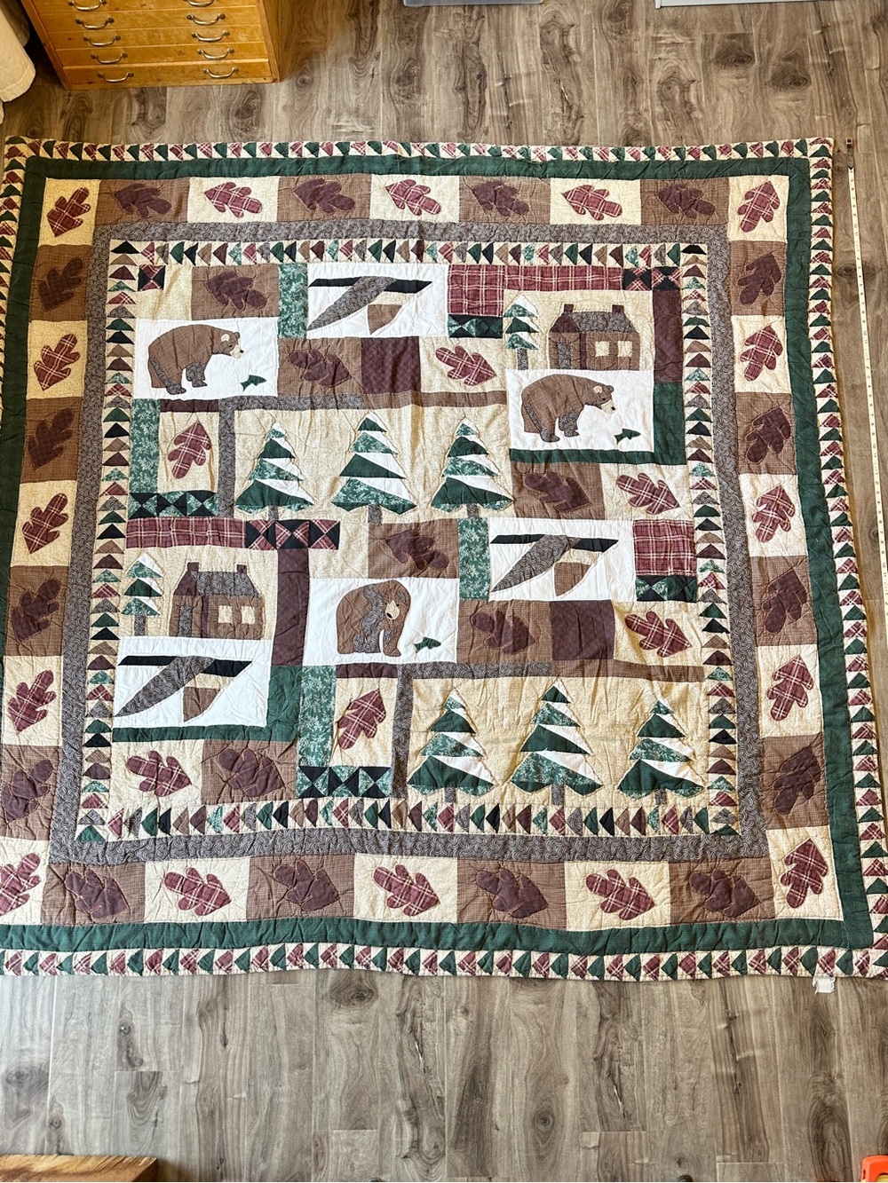 Vintage Cabin Bear Tree Pine Patchwork Quilt Blanket Green, Brown, Cream